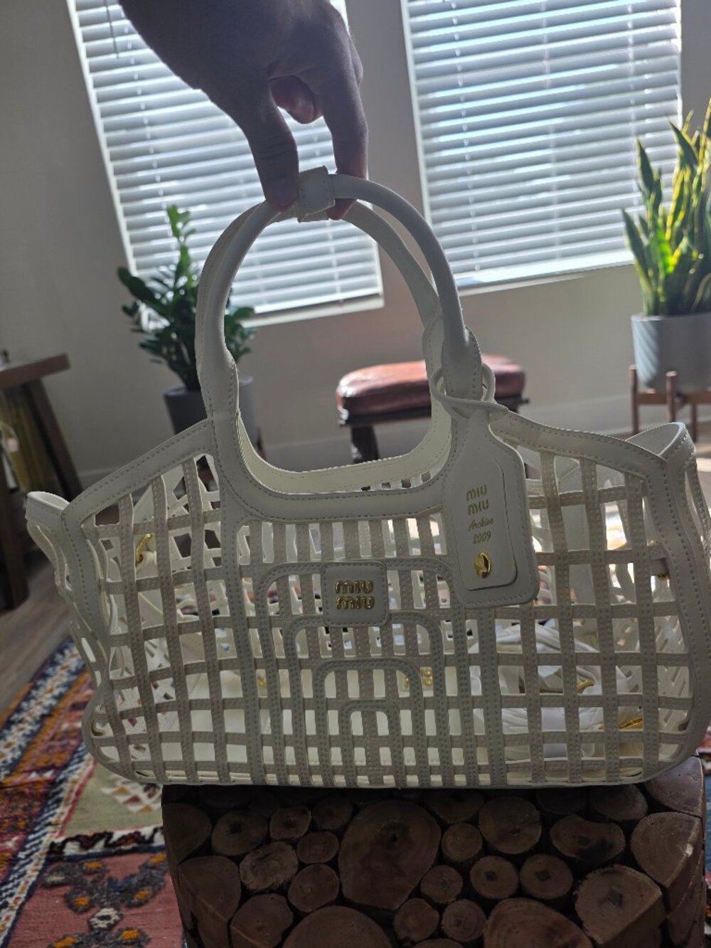 White Cowhide Leather Summer Cage Handbag 35cm